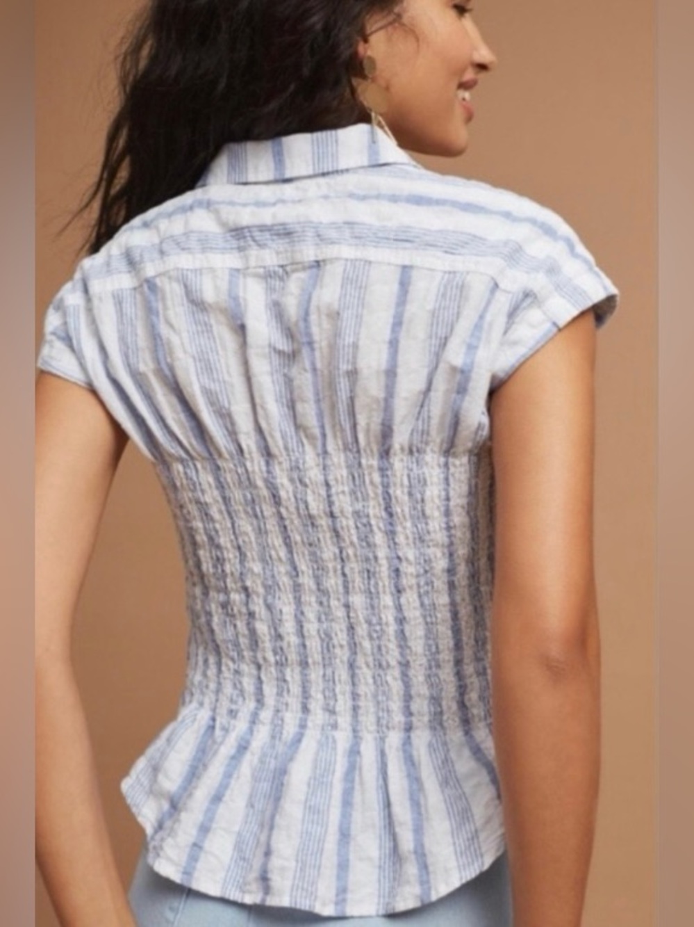 NWT Anthropologie Maeve “Bellamy” Striped Ruched Top Ruffled cotton Linen Size S - Picture 2 of 9
